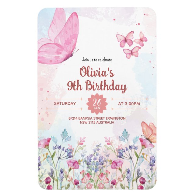 Magnet Flexible Invitation d'anniversaire papillon pastel aquarell (Vertical)