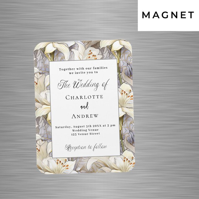 Magnet Flexible Invitation de mariage rétro argent lis blancs (Créateur téléchargé)
