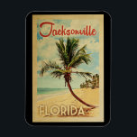 Magnet Flexible Jacksonville Palm Tree Vintage voyage<br><div class="desc">Une impression d'art moderne de Jacksonville Florida,  d'un style rétro unique,  au milieu du siècle,  dans un style d'affiche de voyage vintage. Il dispose d'un palmier incurvé sur une plage de sable avec l'océan sous un ciel bleu nuageux.</div>