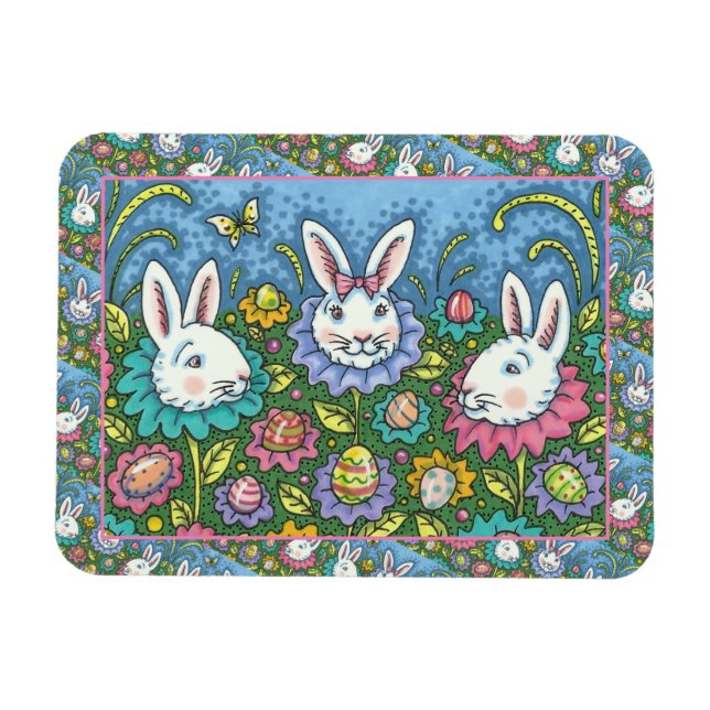 MAGNET FLEXIBLE JARDIN D'OEUFS DE PÂQUES BLANCS, FLEURS DE RABBIT  (Horizontal)