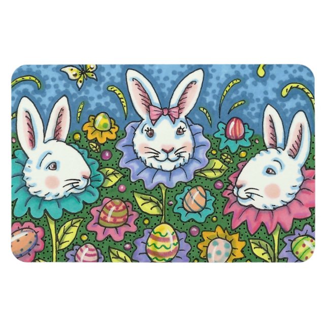 MAGNET FLEXIBLE JARDIN D'OEUFS DE PÂQUES BLANCS, FLEURS DE RABBIT  (Horizontal)