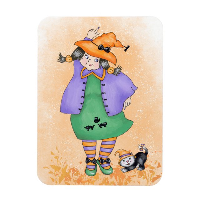 Magnet Flexible Jeune sorcière dansante avec chat  (Vertical)