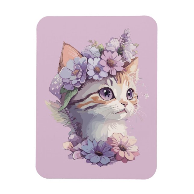 Magnet Flexible Joli Chat Aquarelle Violette avec Flore (Vertical)