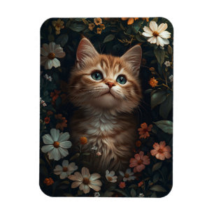 Magnet Flexible Joli Chaton Orange avec Fleurs Sauvages