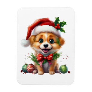 Magnet Flexible Joli chiot de Noël avec le chapeau de Père Noël et