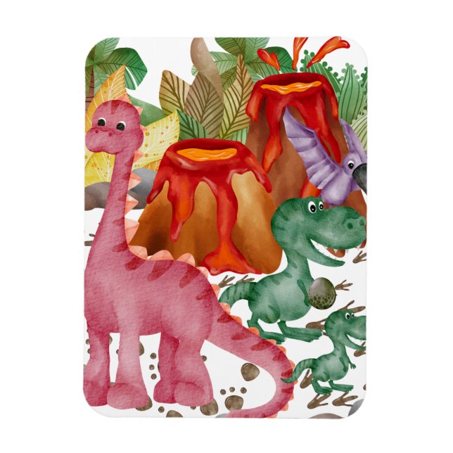 Magnet Flexible Joli dinosaure et volcan en éruption (Vertical)