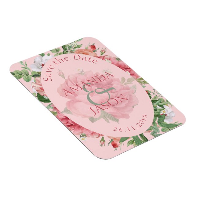 Magnet Flexible Joli mariage rose rose floral Enregistrer la date (Côté Droit)