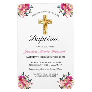 Magnet Flexible Joli PInk Floral Gold Cross Baptism Invitation