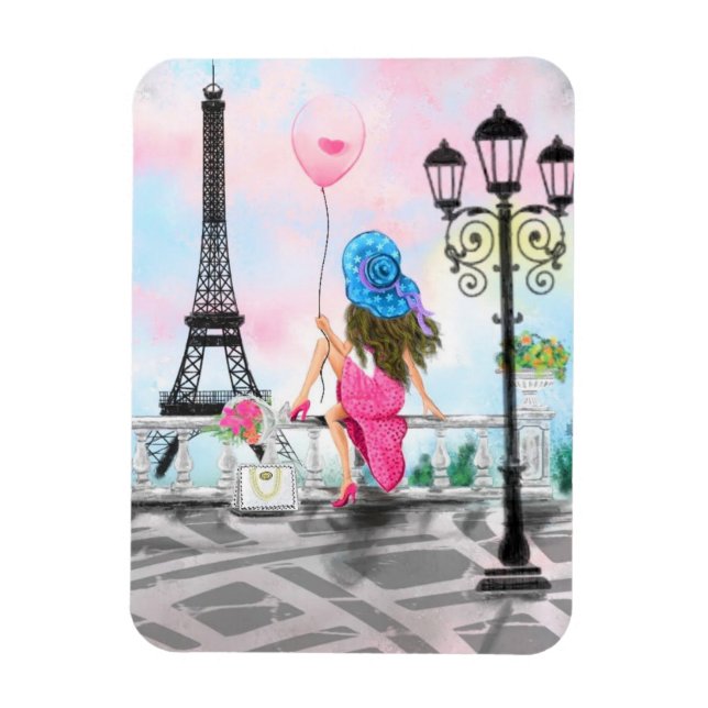 Magnet Flexible Jolie femme et ballon de coeur rose - I Love Paris (Vertical)