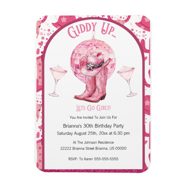 Magnet Flexible Jolie fille rose et Parties scintillant Invitation (Vertical)