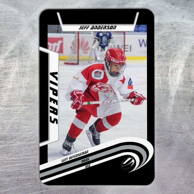 Magnet Flexible Joueur De Hockey Sur Glace Gardez Le Saké Sur L'Ar (Ice Hockey: Sleek silver jersey magnet with customizable player image, logo, and number.)