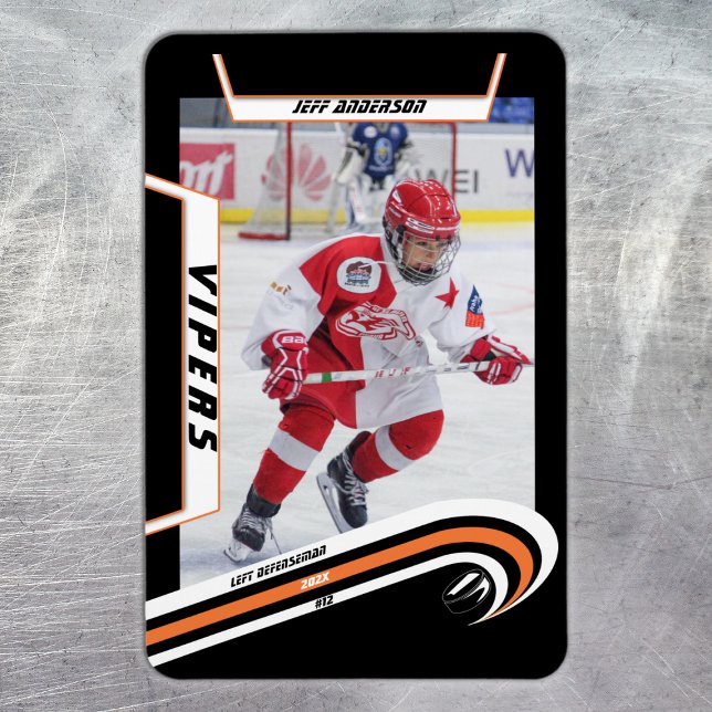 Magnet Flexible Joueur De Hockey Sur Glace Gardez Le Saké Sur Le N (Ice Hockey: Vibrant orange jersey magnet featuring customizable player image, logo, and number.)