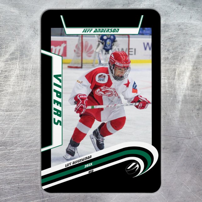 Magnet Flexible Joueur De Hockey Sur Glace Gardez Le Saké Vert Viv (Ice Hockey: Customize your magnet with a green jersey, player image, logo, and number.)