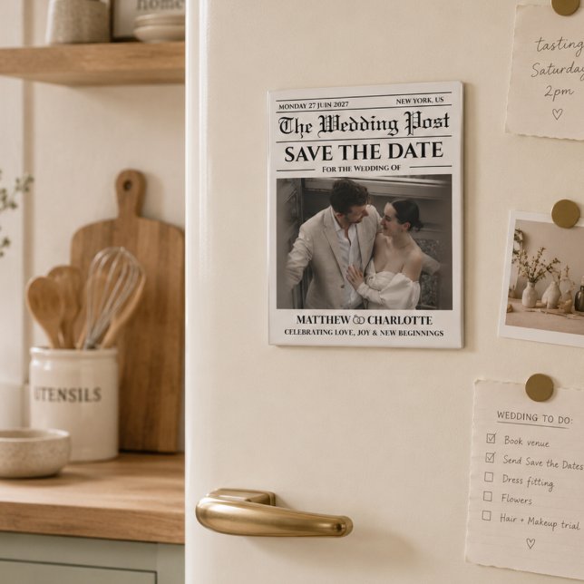 Magnet Flexible Journal Save the Date Mariage  (Newspaper Wedding Save The Date magnet black and white photo simple elegant modern )