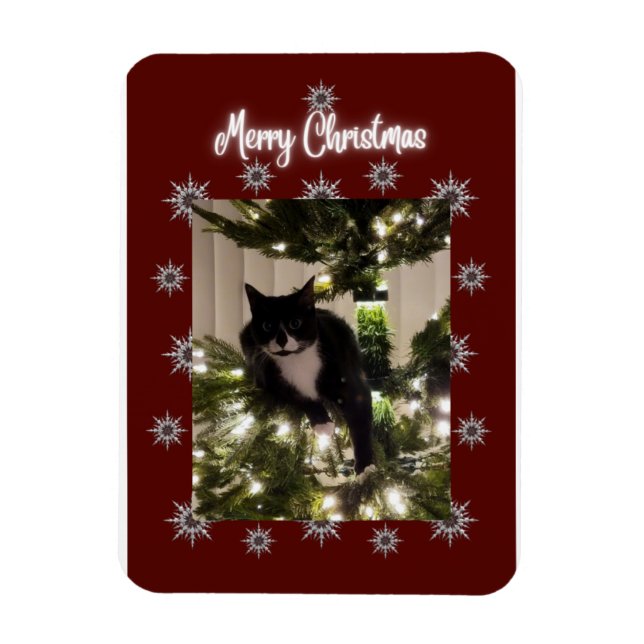 Magnet Flexible Joyeuse carte de Noël avec Tuxedo cat sur mon arbr (Vertical)