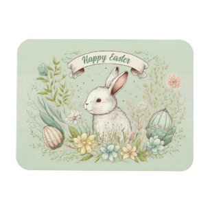 Magnet Flexible Joyeuses Pâques Lapin Blanc avec Fleurs de Printem