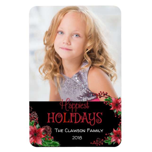 Magnet Flexible Joyeuses vacances Poinsettia Photo de famille (Vertical)
