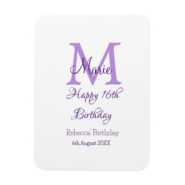Magnet Flexible Joyeux 16e anniversaire violet ajouter nom monogra (Vertical)