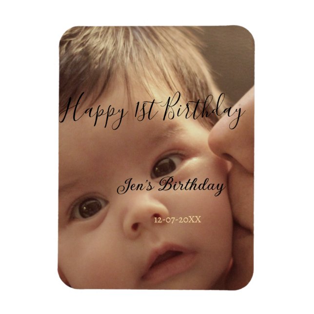 Magnet Flexible Joyeux 1er anniversaire nom photo date calligraphi (Vertical)