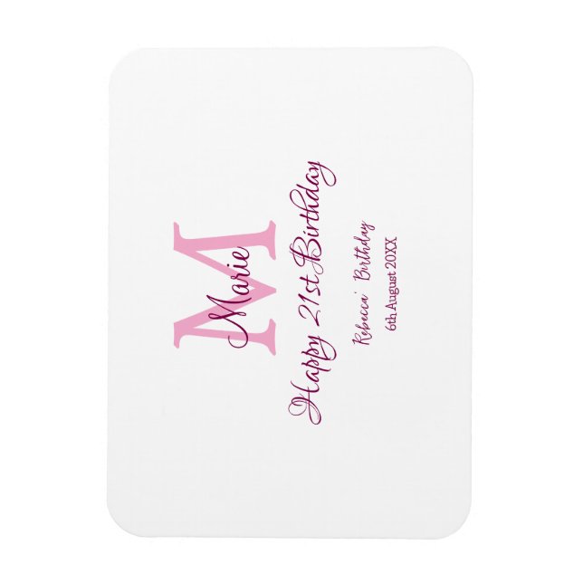 Magnet Flexible Joyeux 21e Anniversaire rose ajouter nom monogramm (Vertical)