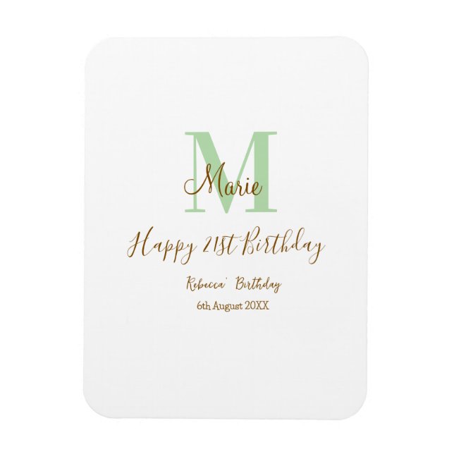 Magnet Flexible Joyeux 21e Anniversaire vert ajouter nom monogramm (Vertical)