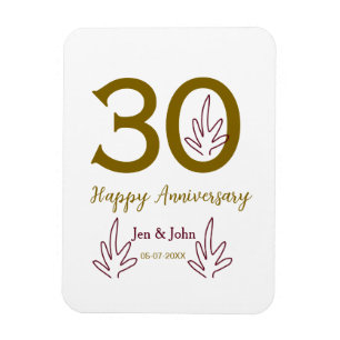 Magnet Flexible Joyeux 30e anniversaire nom date feuille rouge dor