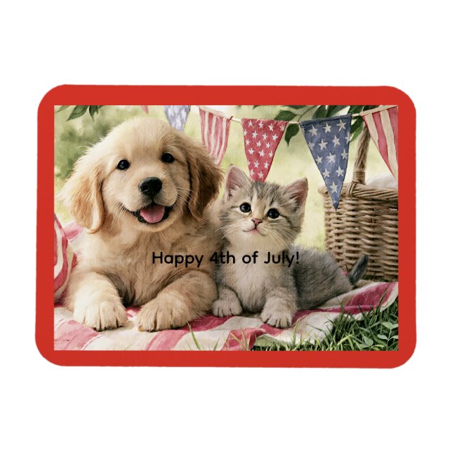 Magnet Flexible Joyeux 4 juillet, joli chiot et chat tigré, (Horizontal)