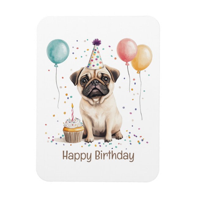 Magnet Flexible Joyeux Anniversaire Chien Pug (Vertical)