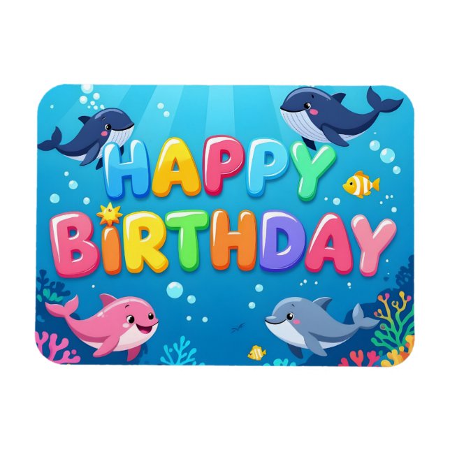 Magnet Flexible Joyeux anniversaire mignon dauphin marin (Horizontal)