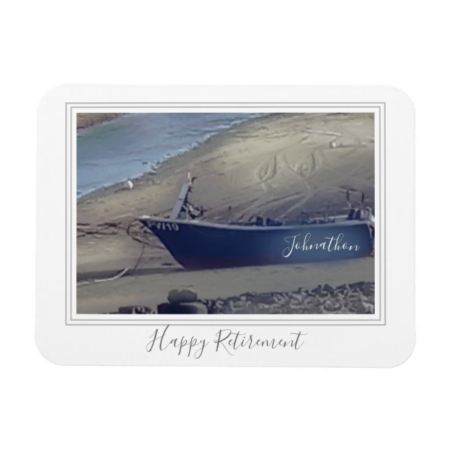 Magnet Flexible Joyeux bateau de pêche à la retraite sur la plage (Horizontal)