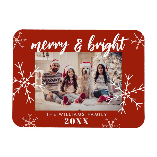 Magnet Flexible Joyeux et lumineux Photo Red Snowflakes Noël (Horizontal)