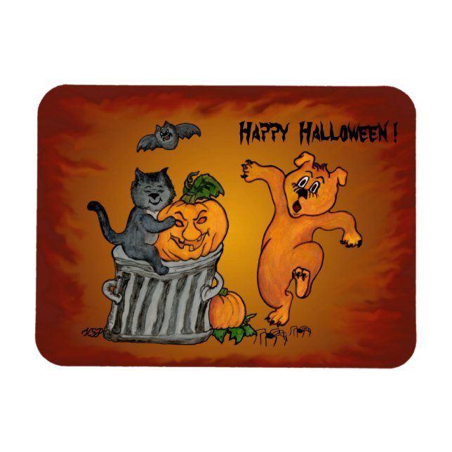 Magnet Flexible Joyeux Halloween avec Chat Chat Chien et Araignée (Horizontal)