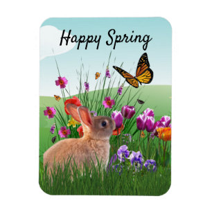 Magnet Flexible Joyeux lapin de printemps dans le jardin de fleurs