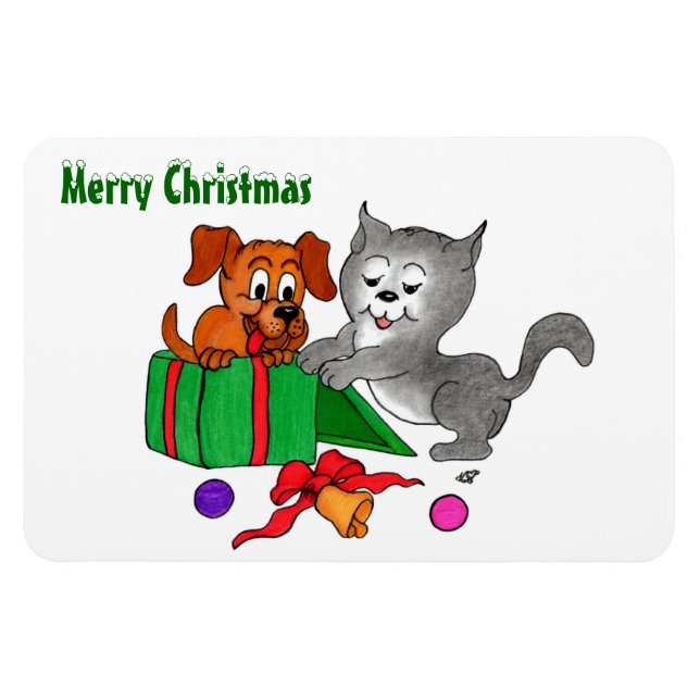 Magnet Flexible Joyeux Noël avec chat et chiot (Horizontal)
