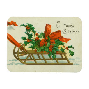 Magnet Flexible Joyeux Noël - carte postale vintage, traîneau et h