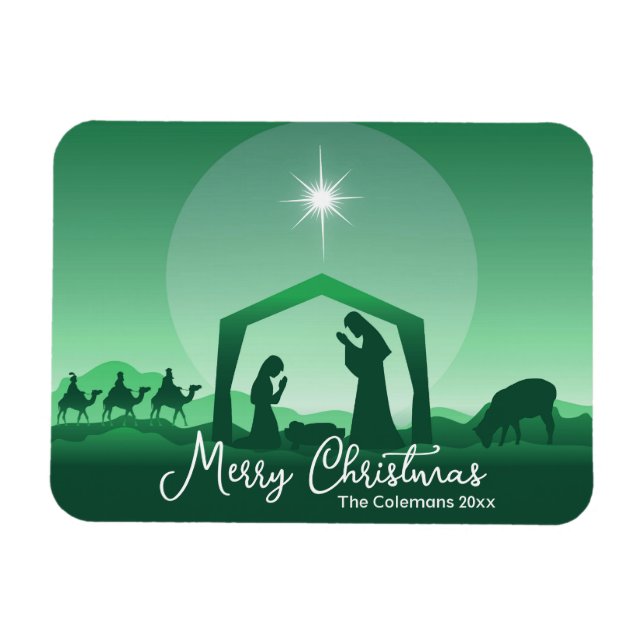 Magnet Flexible Joyeux Noël Crèche Vert Religieux (Horizontal)