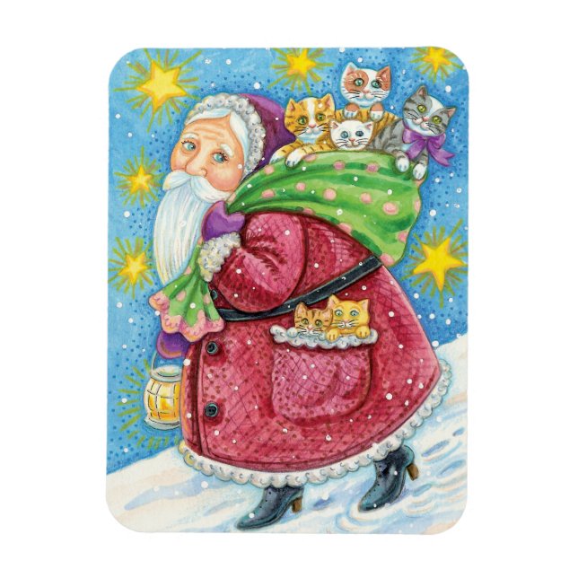 Magnet Flexible Joyeux Noël, le Père Noël avec des chatons et des  (Vertical)