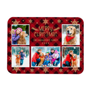 Magnet Flexible Joyeux Noël Red Plaid Gold Snowflakes 5 Photo