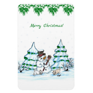 Magnet Flexible Joyeux Noël ! Snowman avec chat et chiot