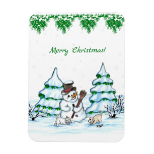 Magnet Flexible Joyeux Noël ! Snowman avec chat et chiot