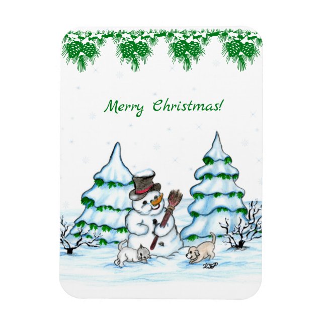 Magnet Flexible Joyeux Noël ! Snowman avec chat et chiot (Vertical)