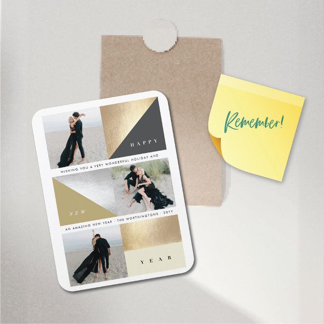 Magnet Flexible Joyeux Nouvel An Blocs d'huile d'or Stylish 3 Phot (Happy New Year Faux Gold / Silver Foil Simple Blocks Stylish 3 Photo Flexible Magnet @ fat_fa_tin)