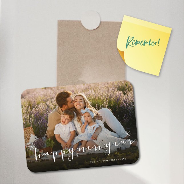 Magnet Flexible Joyeux Nouvel An Script moderne Gold Starburst Pho (Happy New Year Classic Script Starbursts Photo Flexible Magnet @ fat_fa_tin)