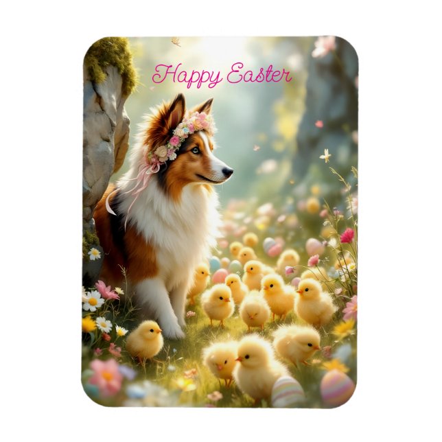 Magnet Flexible Joyeux Pâques Collie et les poussins (Vertical)