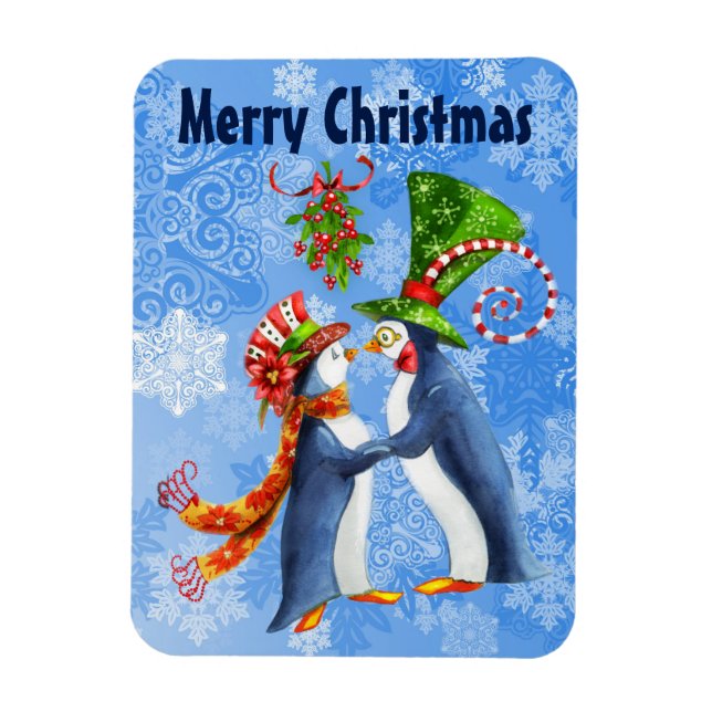 Magnet Flexible Joyeux pingouins de Noël en amour sous la mélètte (Vertical)