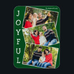 Magnet Flexible Joyful Green 3 Family Photo Collage Noël<br><div class="desc">Aimant de collage photo vert moderne de Noël avec 3 photos de famille dans un amusant motif de cliché superposé avec bordure blanche et le mot Joyful écrit verticalement sur le côté. Trouvez vos trois photos préférées pour ces mignons magnets de vacances en famille.</div>
