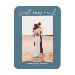 Magnet Flexible Juste marié Script moderne Photo Mariage bleu