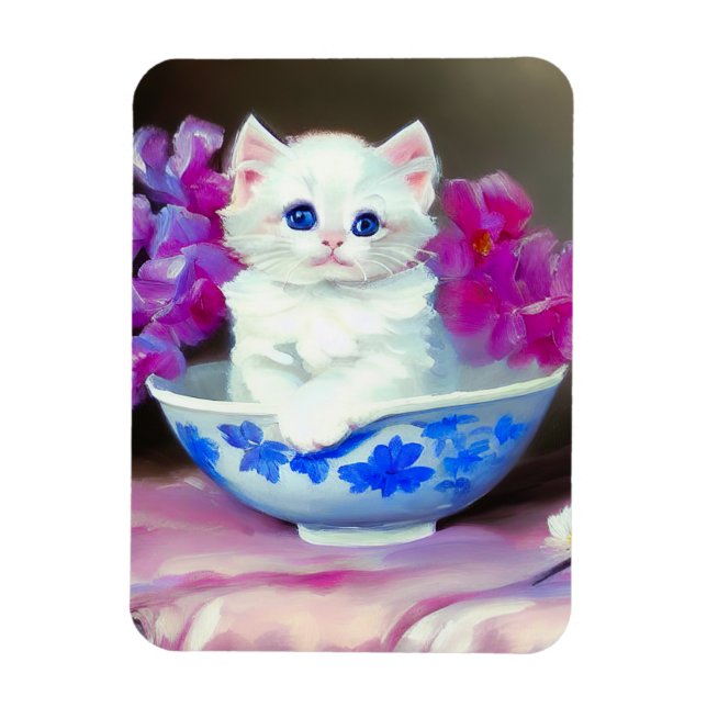 Magnet Flexible Kitten blanc vintage aux fleurs roses (Vertical)