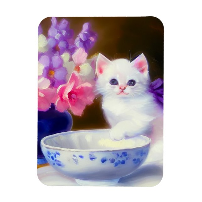 Magnet Flexible Kitten blanc vintage avec ruban violet (Vertical)