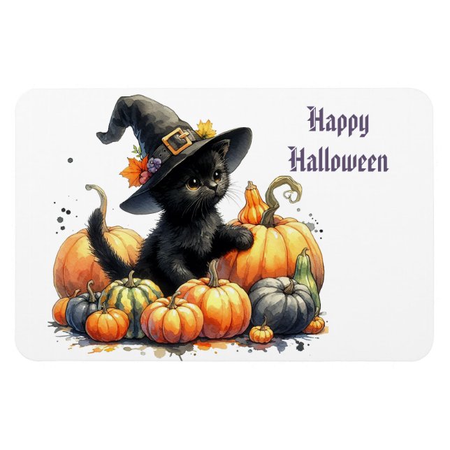 Magnet Flexible Kitten d'Halloween noir avec Citrouilles et Casque (Horizontal)